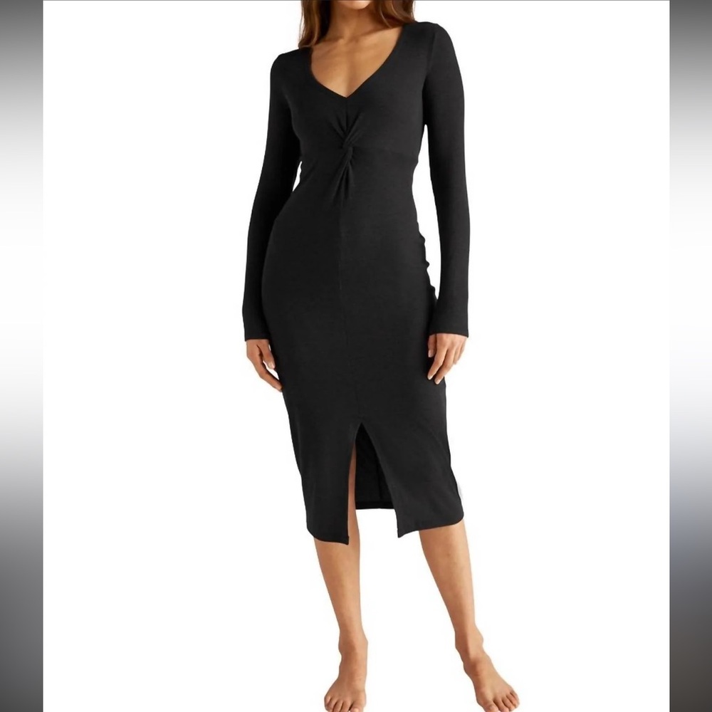 Beyond Yoga Black Long Sleeve Dress Ribbed Stretchy Front Slit Midi